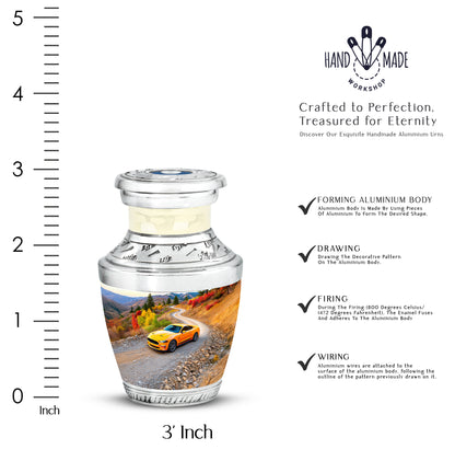 Powder Blue Car Cremation Urn top-down view of secure threaded lid - modern art-inspired car motif on sleek aluminum - mini keepsake memorial for portion of cremation ashes