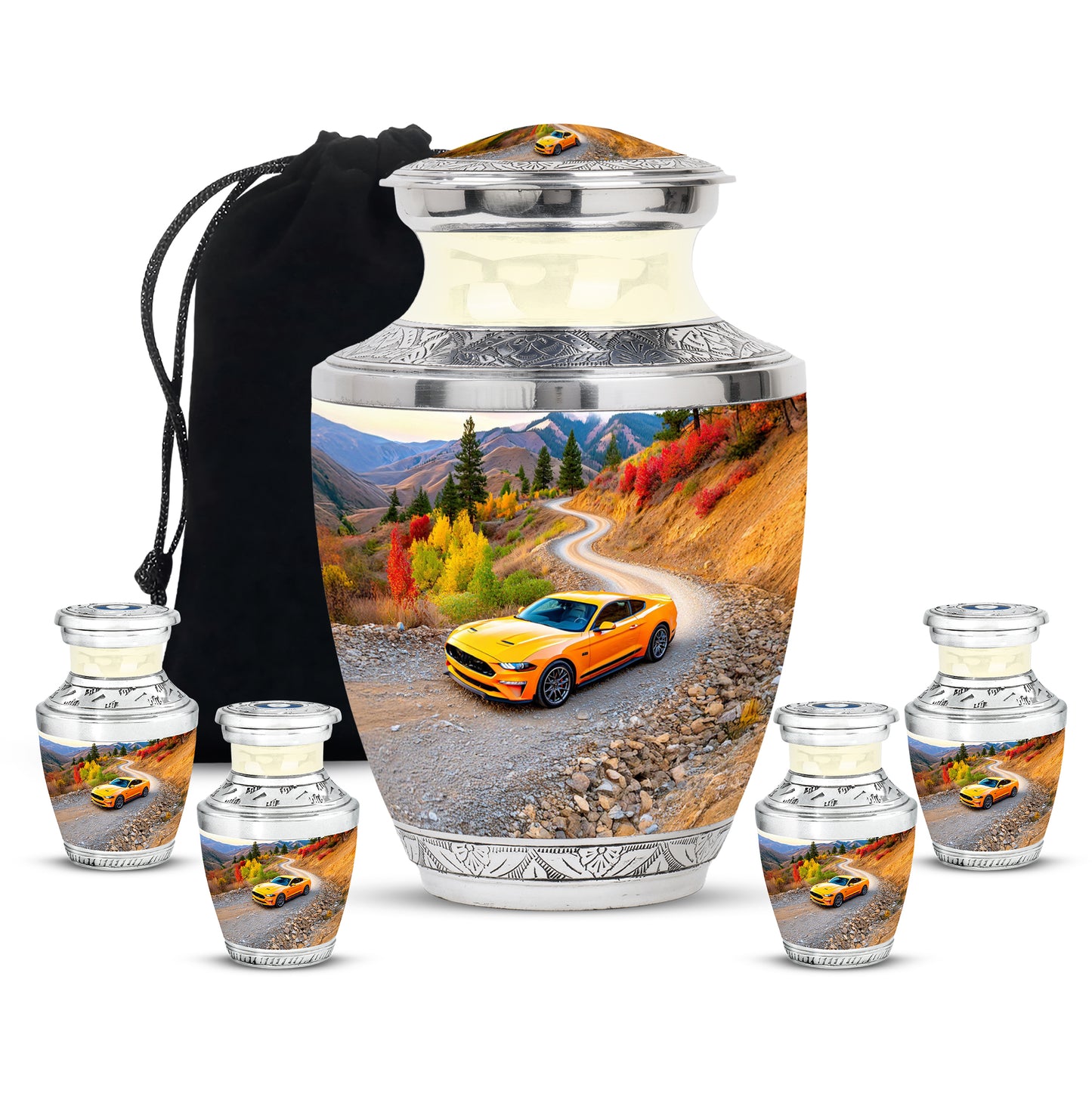 Twilight Blue Car Cremation Urn lifestyle display on memorial shelf - artistic car interpretation with creative detail - memorial set with one large and four small urns