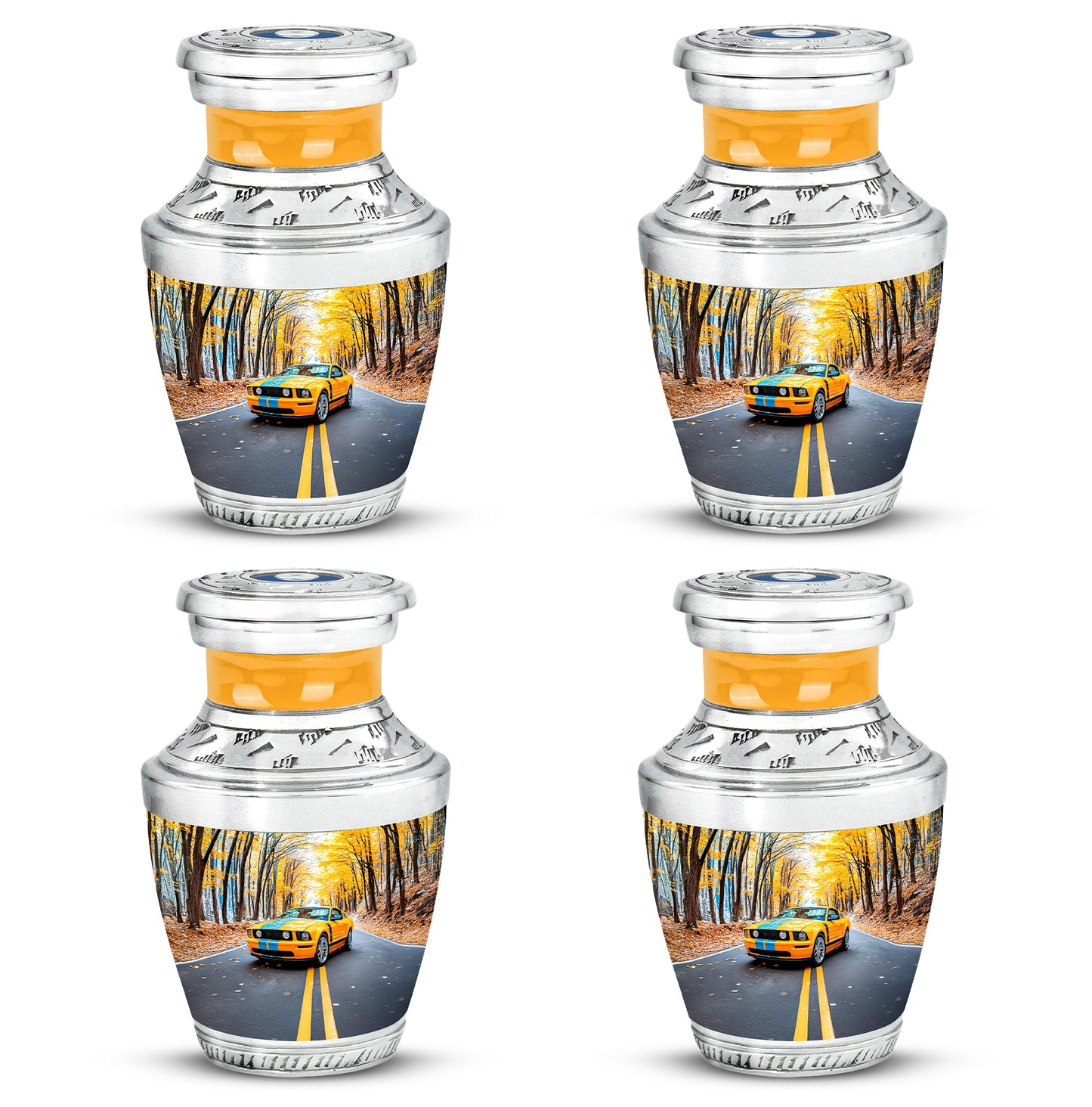 Cobalt Blue Car Cremation Urn back view with polished surface - stylized abstract car pattern with bold lines - 10 inch aluminum urn for cremated remains