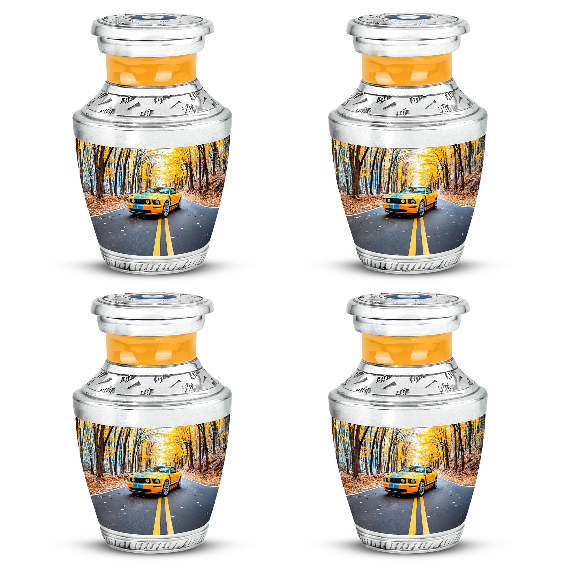 Cobalt Blue Car Cremation Urn back view with polished surface - stylized abstract car pattern with bold lines - 10 inch aluminum urn for cremated remains