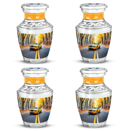 Cobalt Blue Car Cremation Urn back view with polished surface - stylized abstract car pattern with bold lines - 10 inch aluminum urn for cremated remains