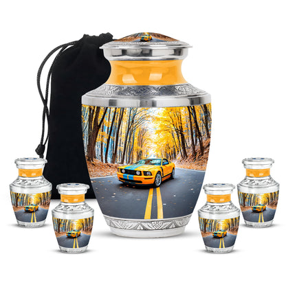 Indigo Car Cremation Urn lifestyle display on memorial shelf - contemporary car design with modern artistic flair - memorial set with one large and four small urns