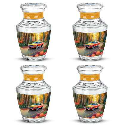 Amber Gold Car Cremation Urn back view with polished surface - contemporary car design with modern artistic flair - 10 inch aluminum urn for cremated remains