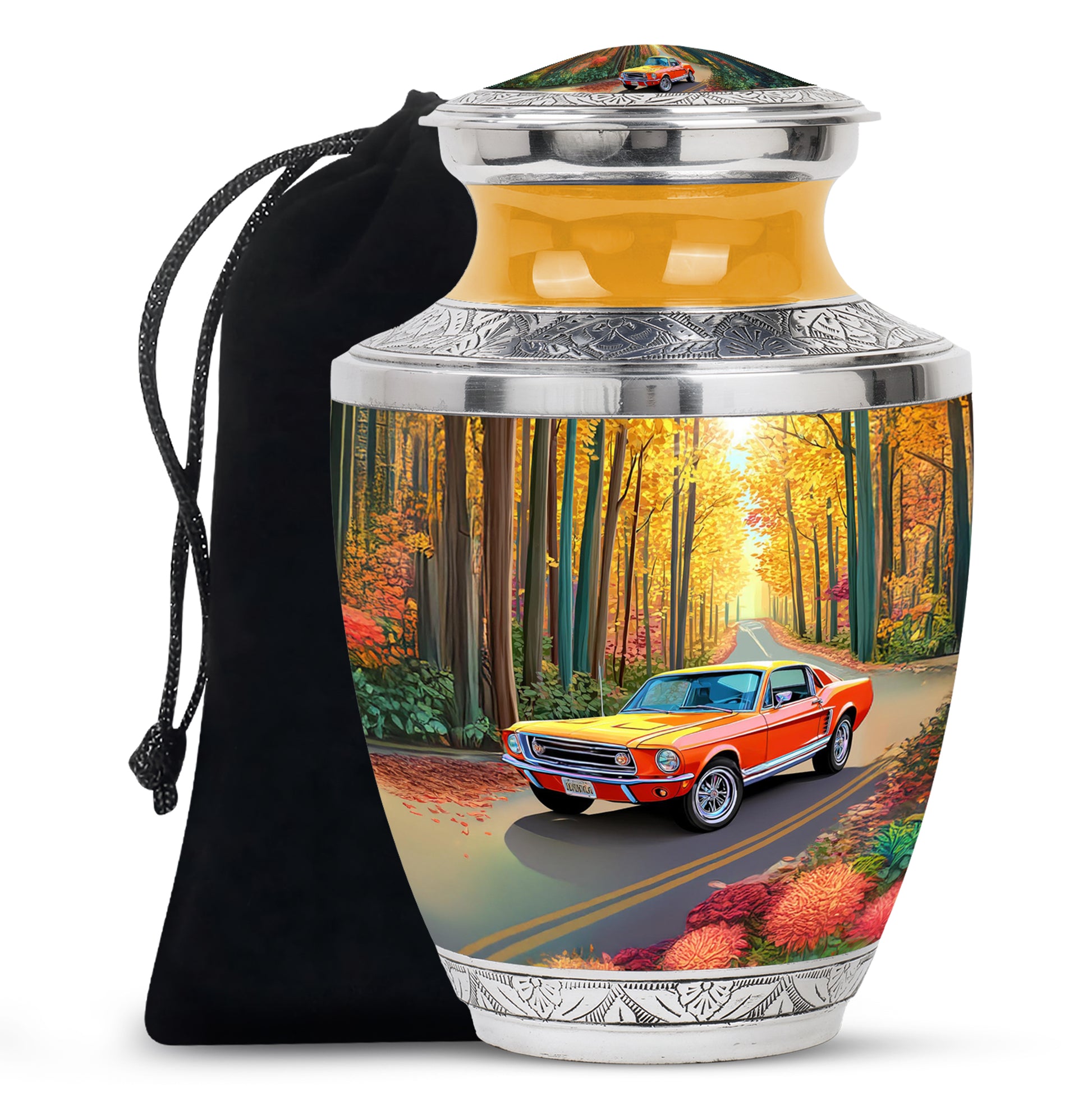 Gilded Gold Car Cremation Urn side profile showing urn shape - contemporary car design with modern artistic flair - full-size 10 inch 200 cubic inch adult cremation urn