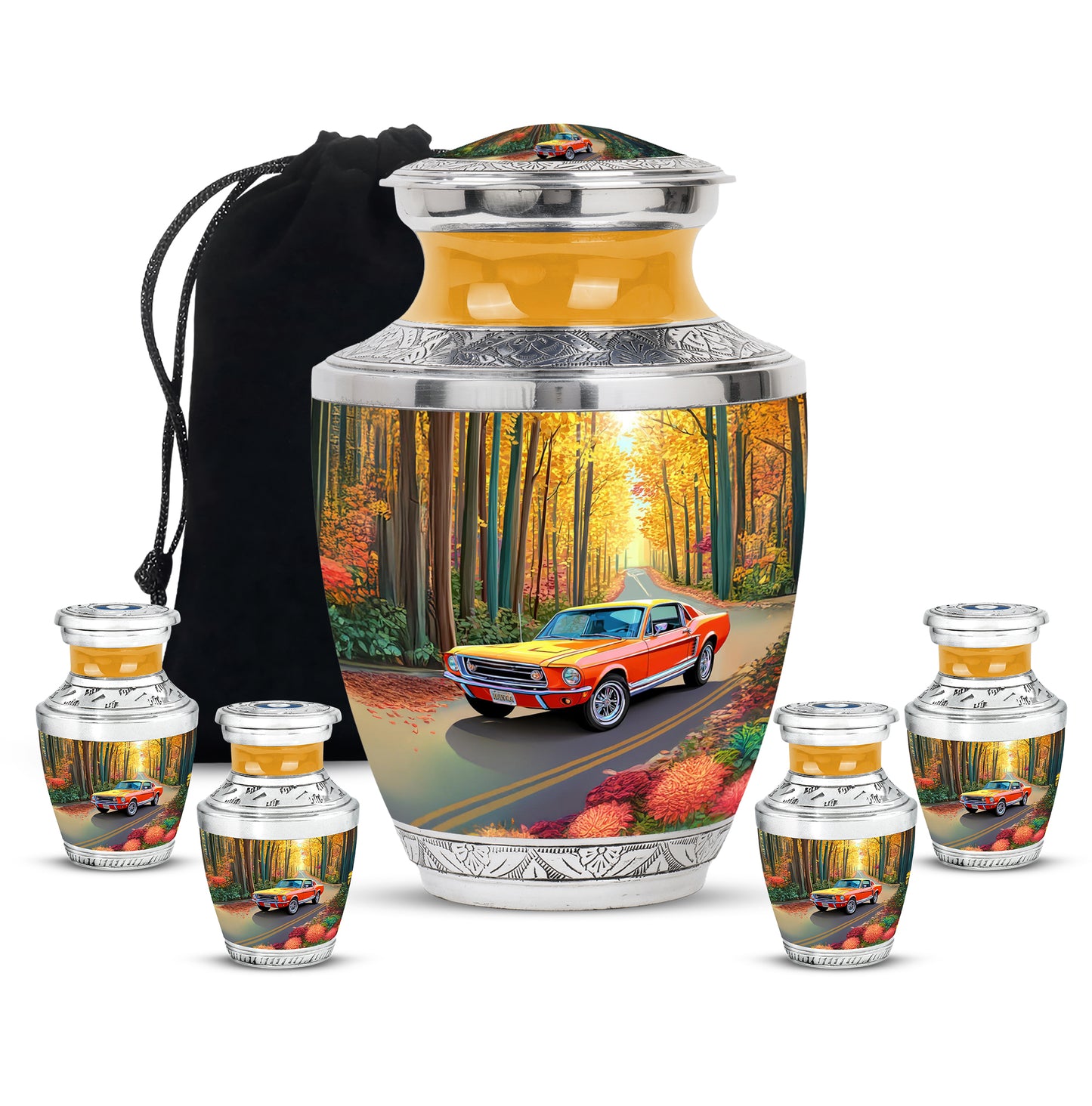 Sunrise Gold Car Cremation Urn lifestyle display on memorial shelf - modern art-inspired car motif on sleek aluminum - memorial set with one large and four small urns