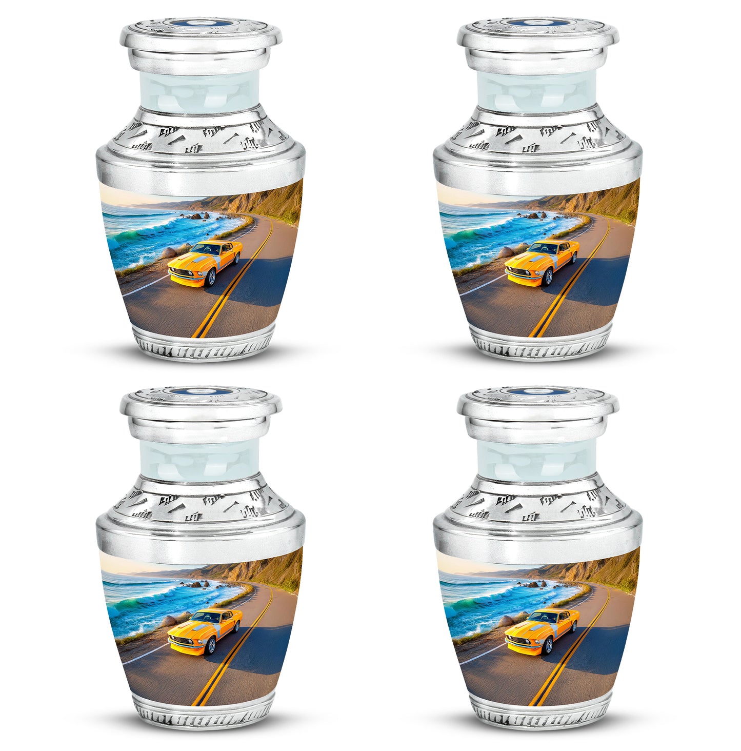 Sky Blue Car Cremation Urn back view with polished surface - contemporary car design with modern artistic flair - 10 inch aluminum urn for cremated remains