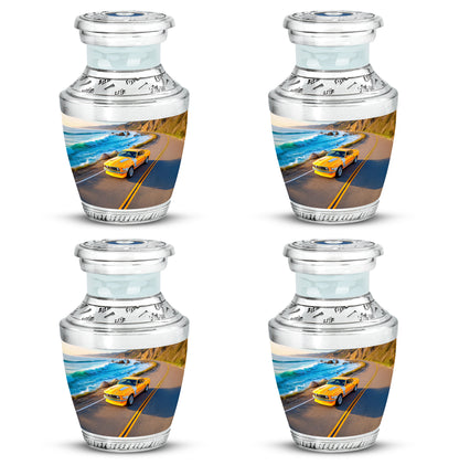 Sky Blue Car Cremation Urn back view with polished surface - contemporary car design with modern artistic flair - 10 inch aluminum urn for cremated remains