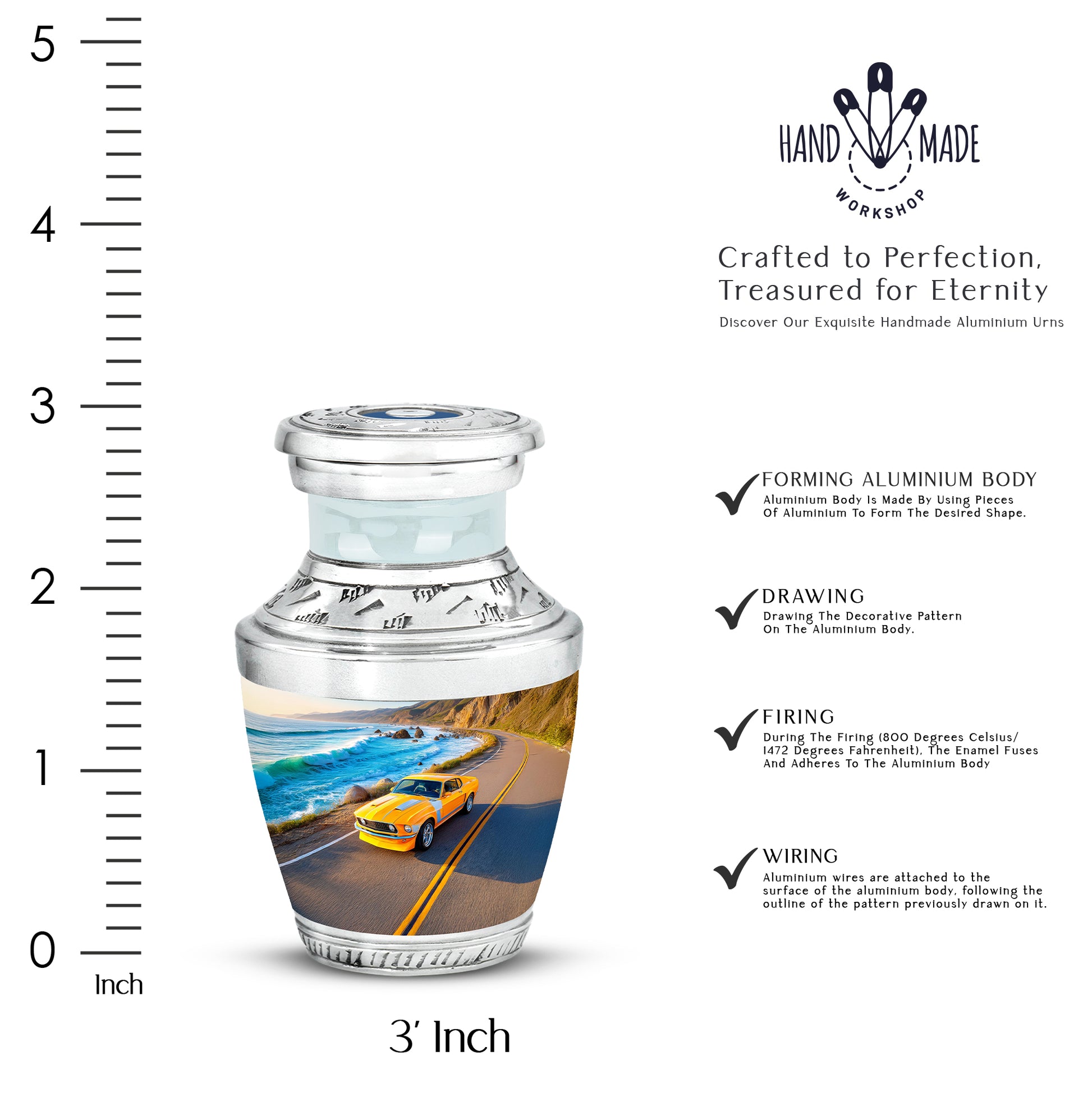 Soft Blue Car Cremation Urn top-down view of secure threaded lid - artistic car interpretation with creative detail - mini keepsake memorial for portion of cremation ashes