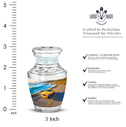 Soft Blue Car Cremation Urn top-down view of secure threaded lid - artistic car interpretation with creative detail - mini keepsake memorial for portion of cremation ashes