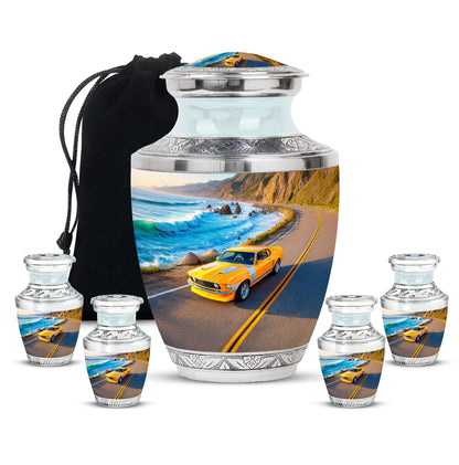 Serene Blue Car Cremation Urn lifestyle display on memorial shelf - artistic car interpretation with creative detail - memorial set with one large and four small urns