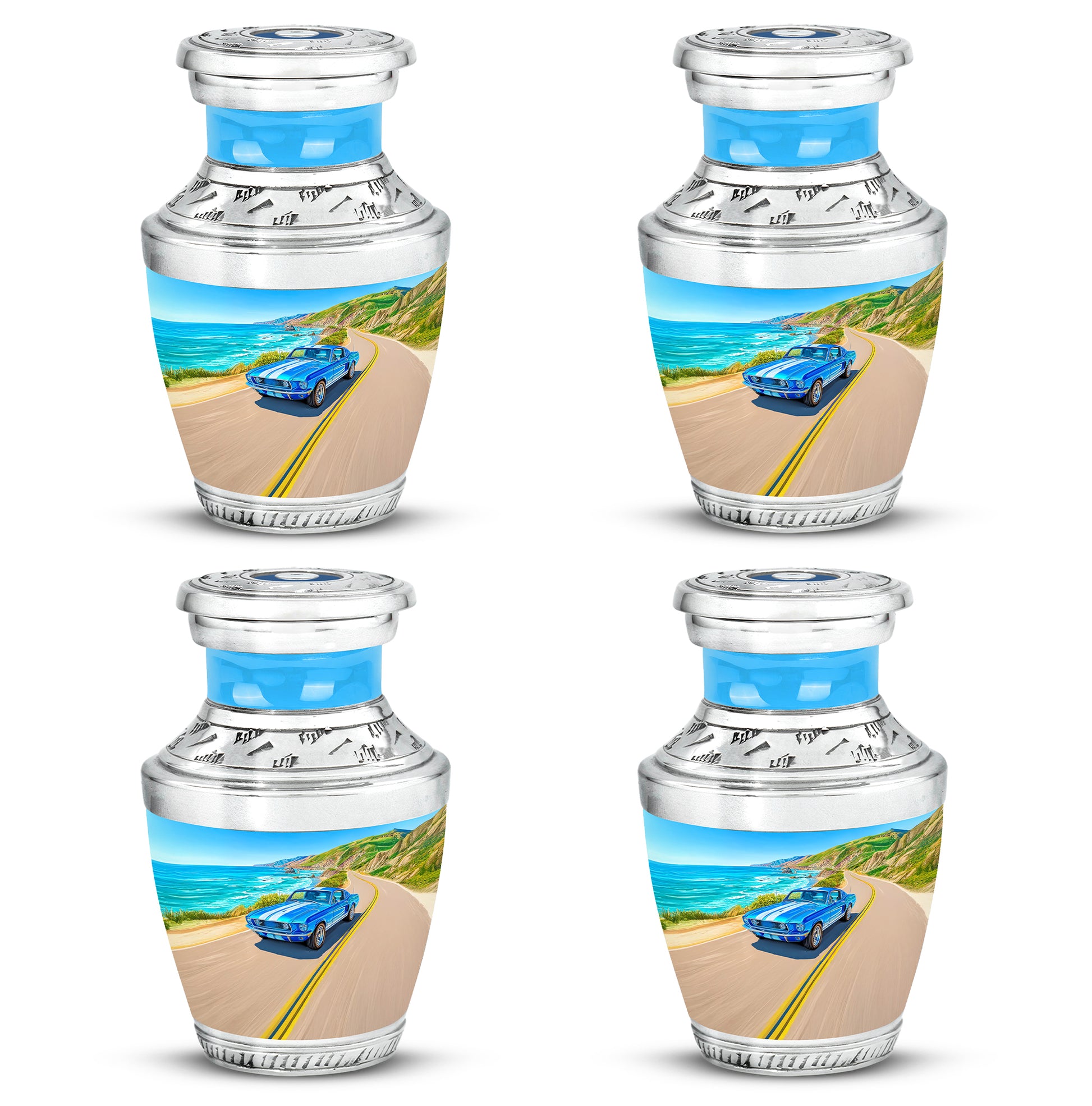 Vivid Blue Car Cremation Urn back view with polished surface - artistic car interpretation with creative detail - 10 inch aluminum urn for cremated remains