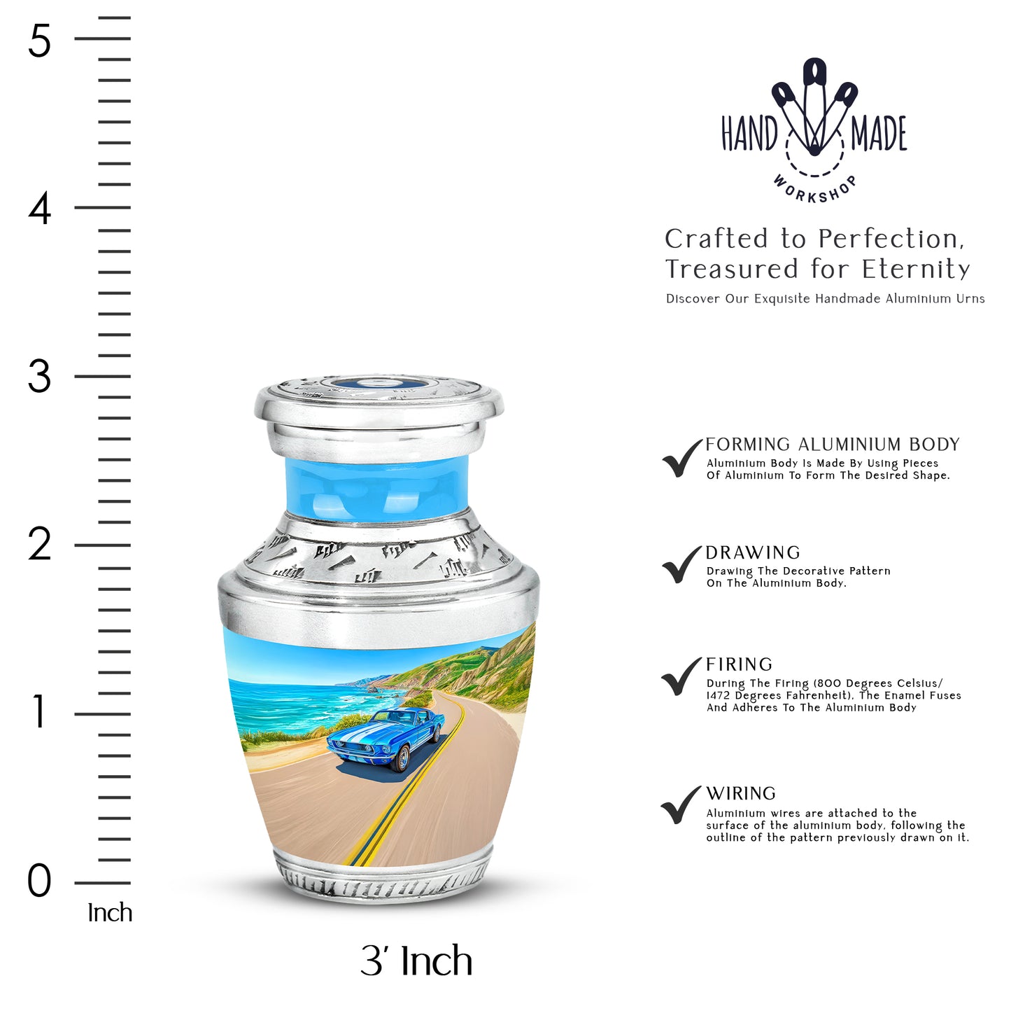 Misty Blue Car Cremation Urn top-down view of secure threaded lid - modern art-inspired car motif on sleek aluminum - mini keepsake memorial for portion of cremation ashes