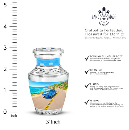 Misty Blue Car Cremation Urn top-down view of secure threaded lid - modern art-inspired car motif on sleek aluminum - mini keepsake memorial for portion of cremation ashes