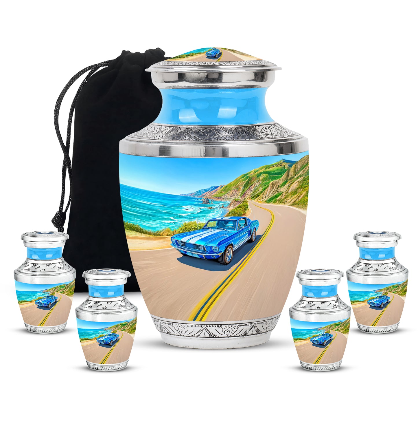 Indigo Car Cremation Urn lifestyle display on memorial shelf - modern art-inspired car motif on sleek aluminum - memorial set with one large and four small urns