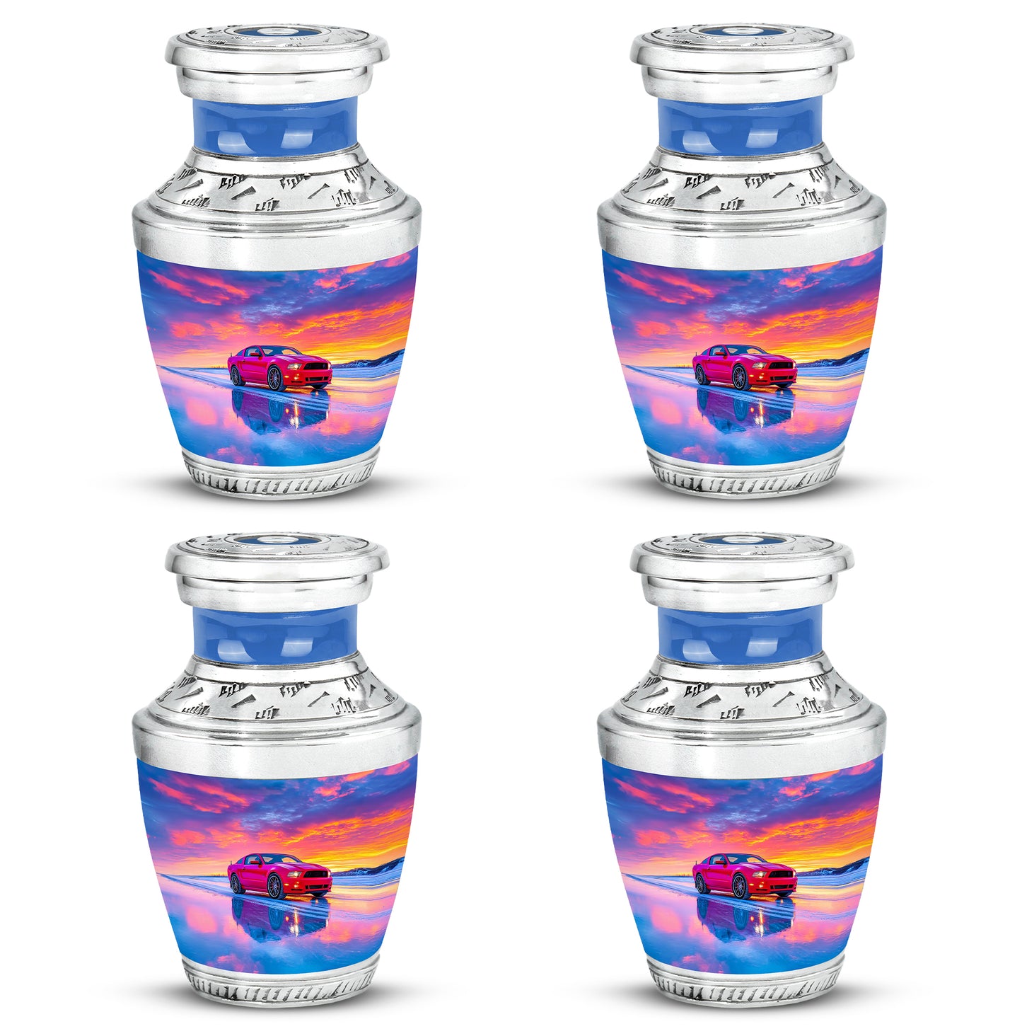 Icy Blue Car Cremation Urn back view with polished surface - modern art-inspired car motif on sleek aluminum - 10 inch aluminum urn for cremated remains