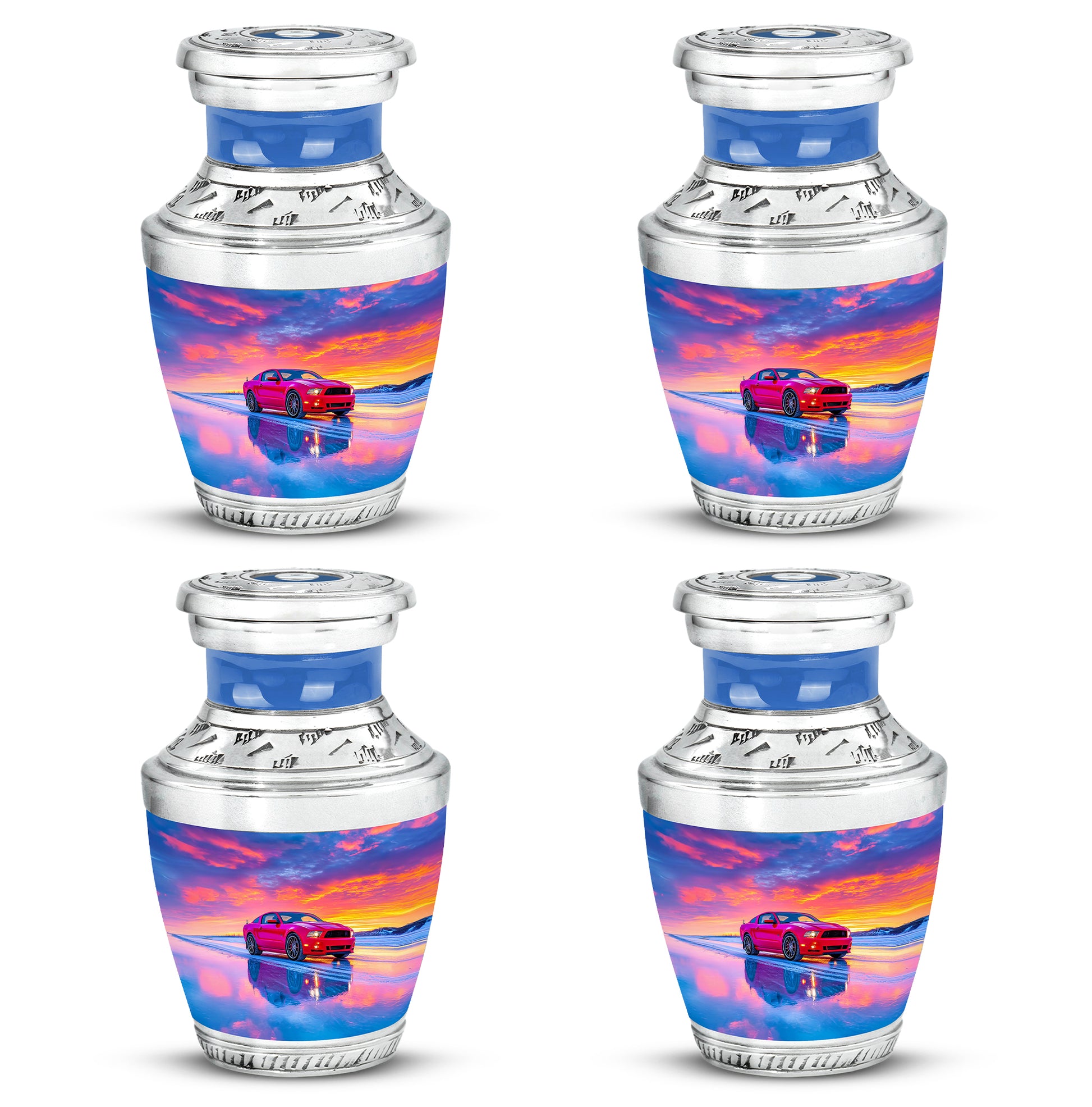 Icy Blue Car Cremation Urn back view with polished surface - modern art-inspired car motif on sleek aluminum - 10 inch aluminum urn for cremated remains