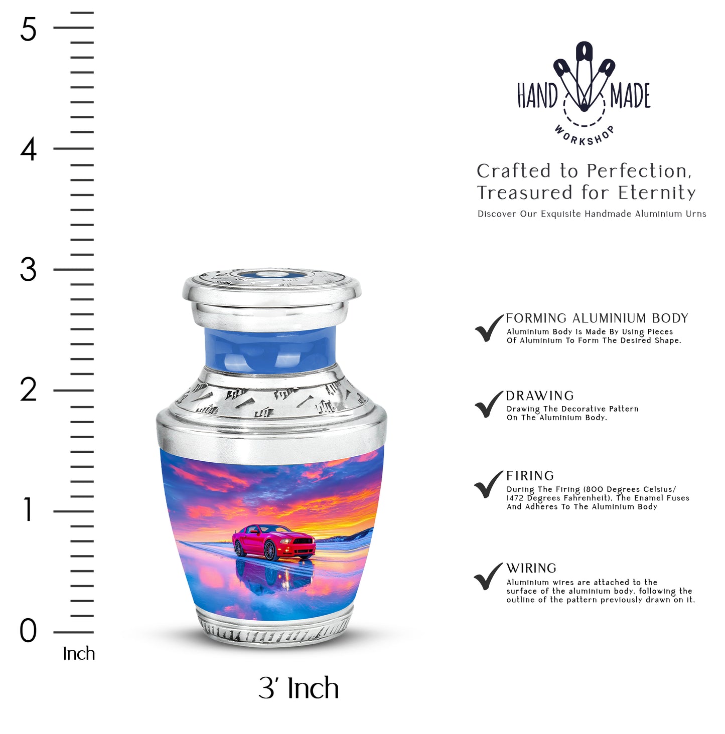 Serene Blue Car Cremation Urn top-down view of secure threaded lid - artistic car interpretation with creative detail - mini keepsake memorial for portion of cremation ashes