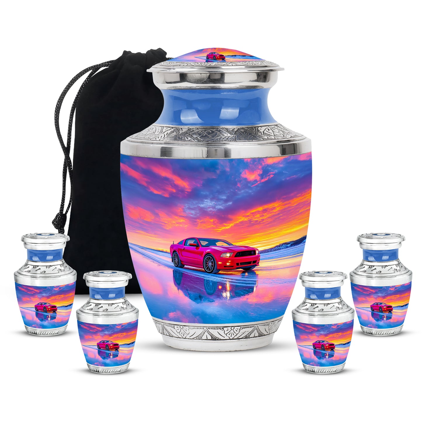 Bright Blue Car Cremation Urn lifestyle display on memorial shelf - artistic car interpretation with creative detail - memorial set with one large and four small urns