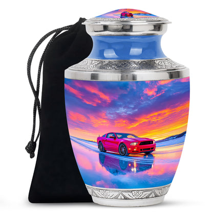 Navy Blue Car Cremation Urn side profile showing urn shape - modern art-inspired car motif on sleek aluminum - full-size 10 inch 200 cubic inch adult cremation urn