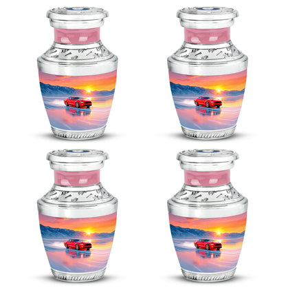 Dusty Pink Car Cremation Urn back view with polished surface - artistic car interpretation with creative detail - 10 inch aluminum urn for cremated remains