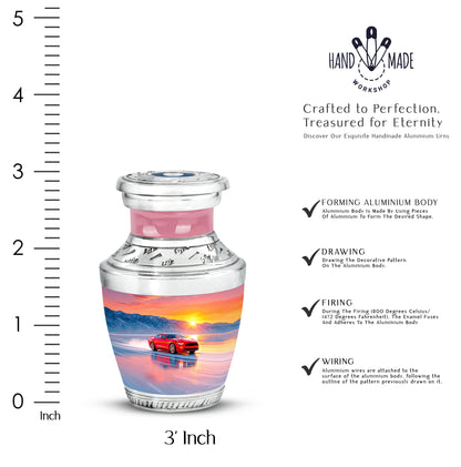 Petal Pink Car Cremation Urn top-down view of secure threaded lid - stylized abstract car pattern with bold lines - mini keepsake memorial for portion of cremation ashes