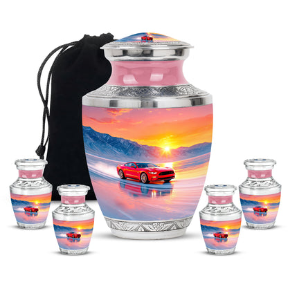 Salmon Pink Car Cremation Urn lifestyle display on memorial shelf - artistic car interpretation with creative detail - memorial set with one large and four small urns