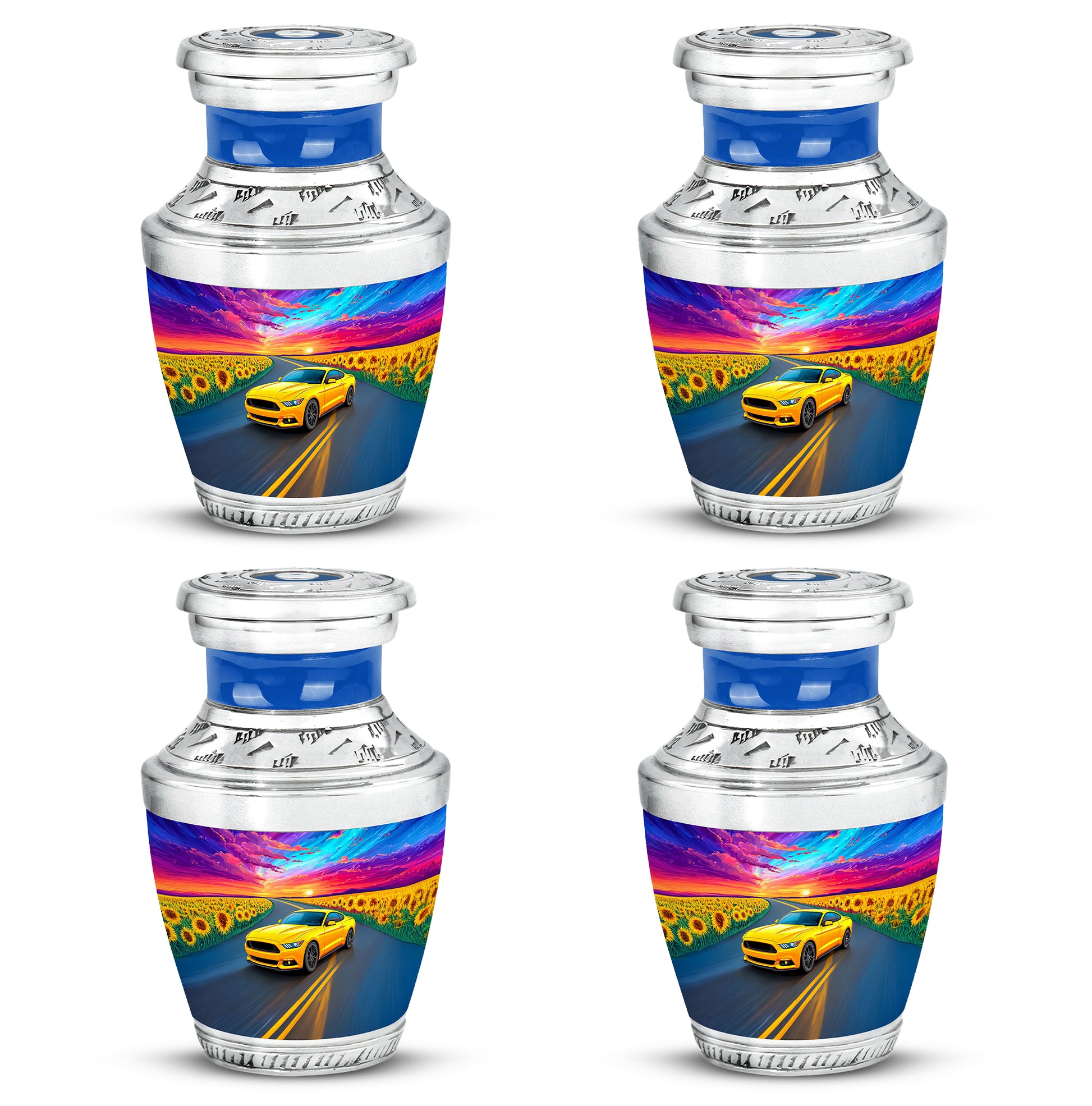 Royal Blue Car Cremation Urn back view with polished surface - stylized abstract car pattern with bold lines - 10 inch aluminum urn for cremated remains
