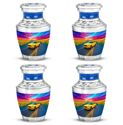 Royal Blue Car Cremation Urn back view with polished surface - stylized abstract car pattern with bold lines - 10 inch aluminum urn for cremated remains
