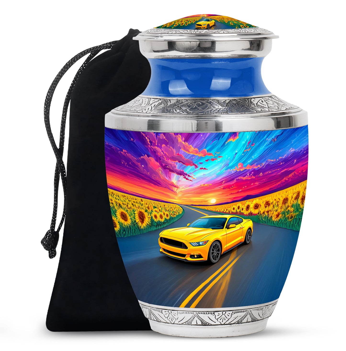 Misty Blue Car Cremation Urn side profile showing urn shape - contemporary car design with modern artistic flair - full-size 10 inch 200 cubic inch adult cremation urn