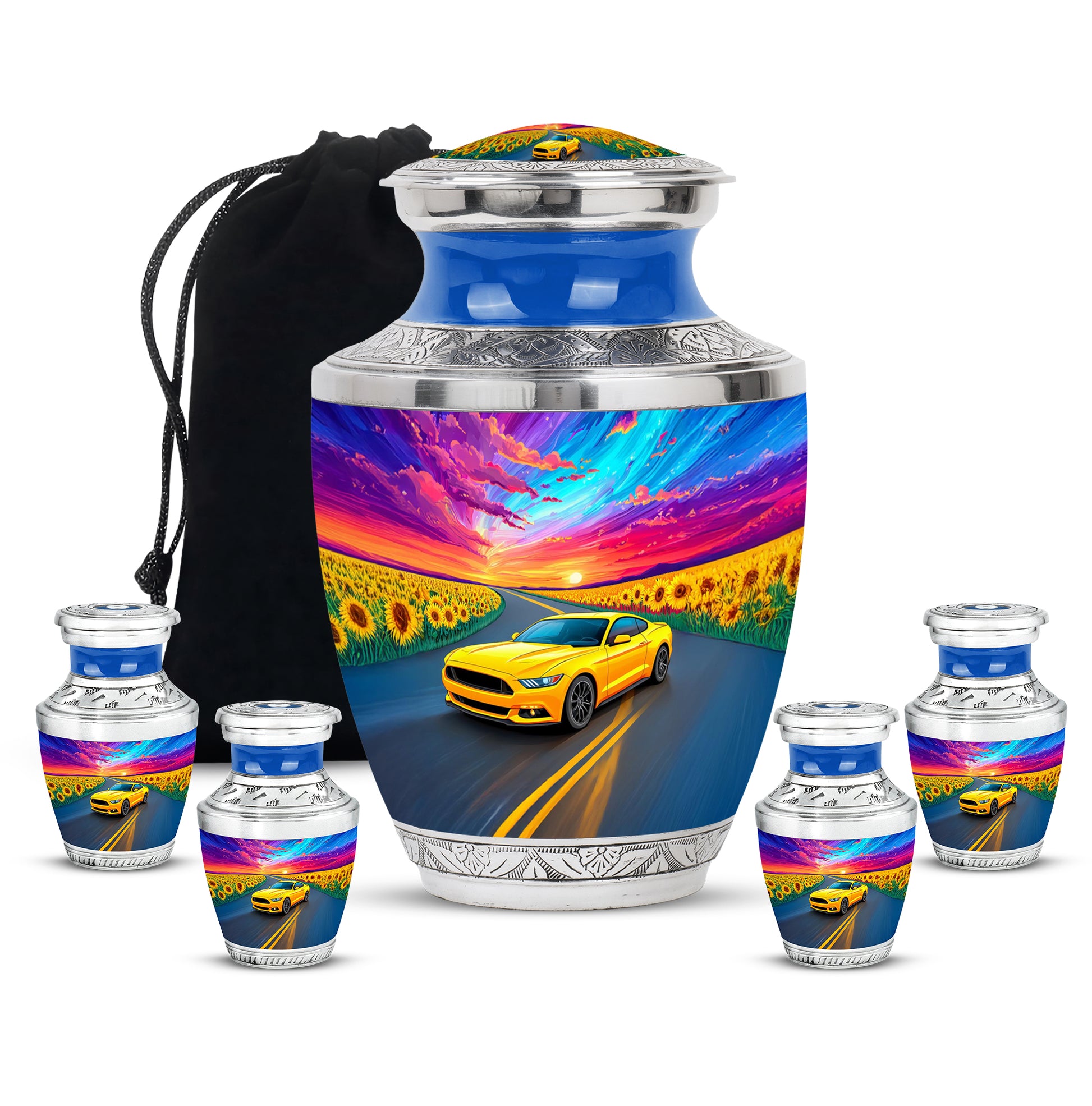 Indigo Car Cremation Urn lifestyle display on memorial shelf - contemporary car design with modern artistic flair - memorial set with one large and four small urns