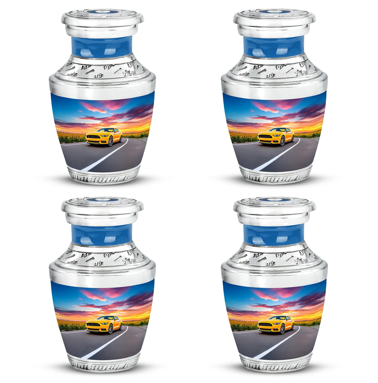 Twilight Blue Car Cremation Urn back view with polished surface - artistic car interpretation with creative detail - 10 inch aluminum urn for cremated remains