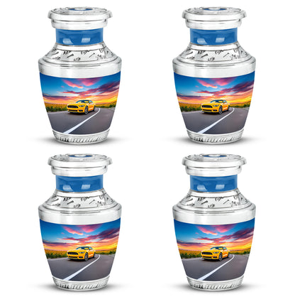 Twilight Blue Car Cremation Urn back view with polished surface - artistic car interpretation with creative detail - 10 inch aluminum urn for cremated remains