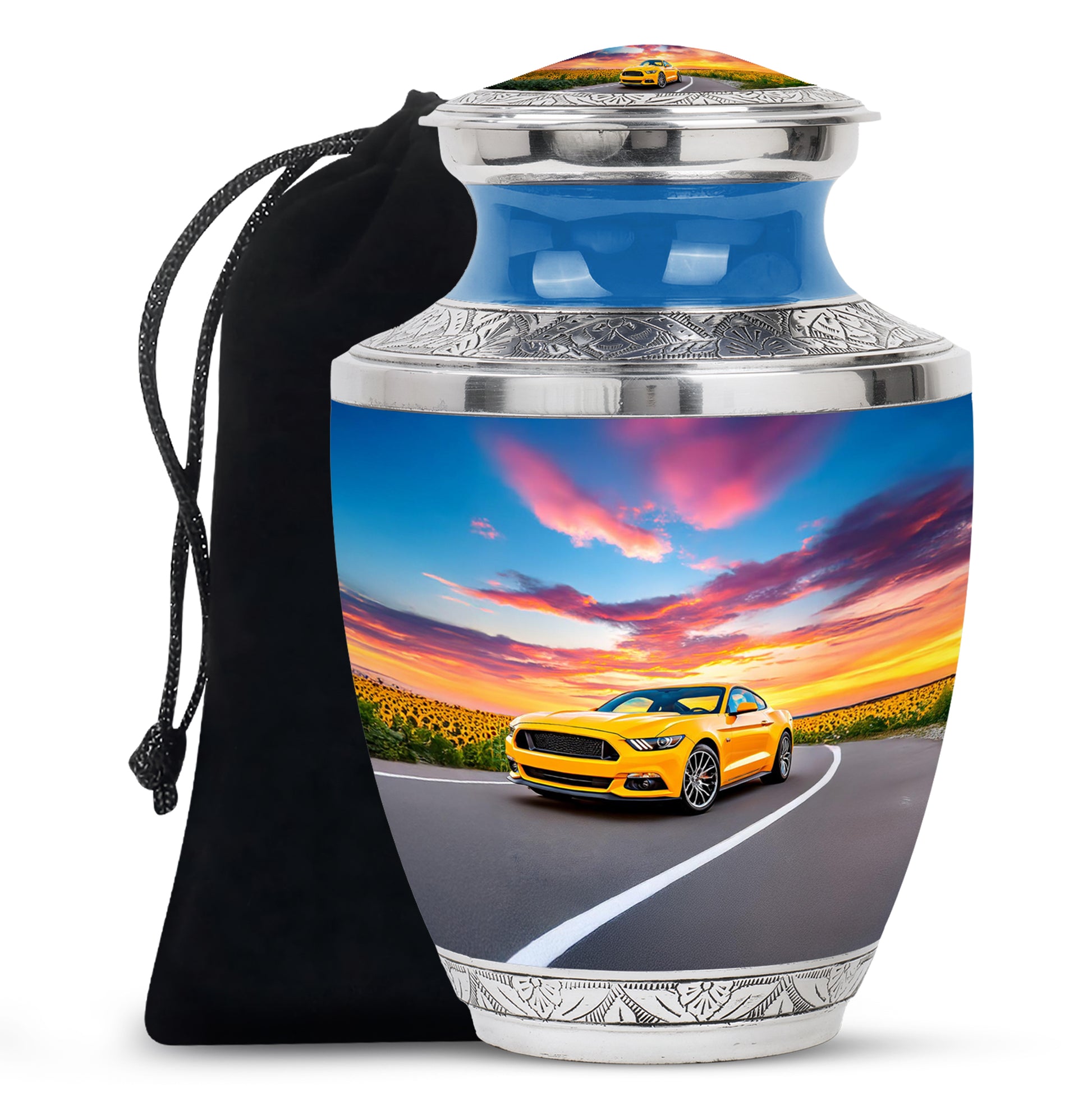 Soft Blue Car Cremation Urn side profile showing urn shape - stylized abstract car pattern with bold lines - full-size 10 inch 200 cubic inch adult cremation urn