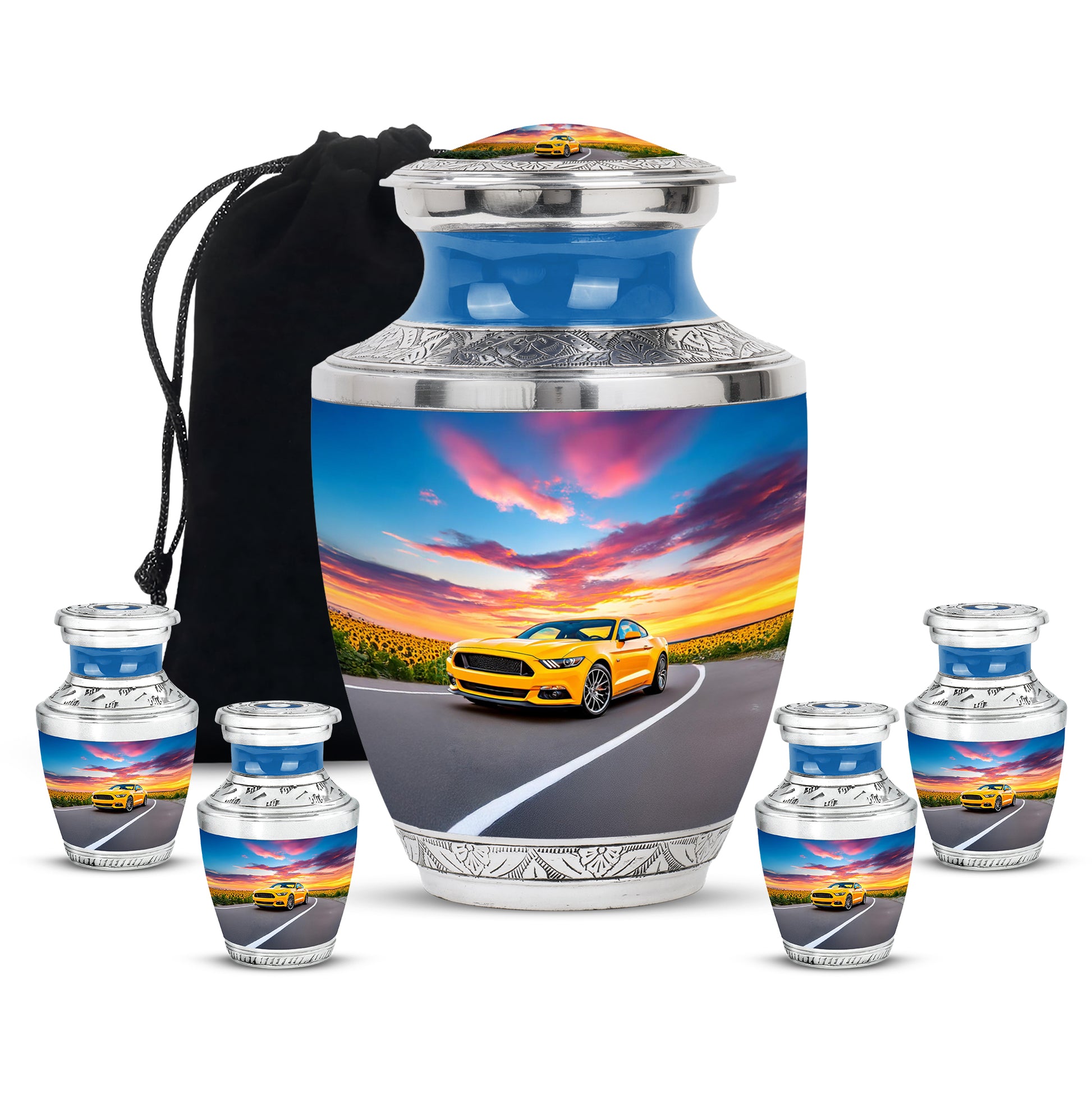 Soft Blue Car Cremation Urn lifestyle display on memorial shelf - stylized abstract car pattern with bold lines - memorial set with one large and four small urns