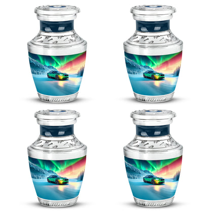 Cornflower Blue Car Cremation Urn back view with polished surface - artistic car interpretation with creative detail - 10 inch aluminum urn for cremated remains