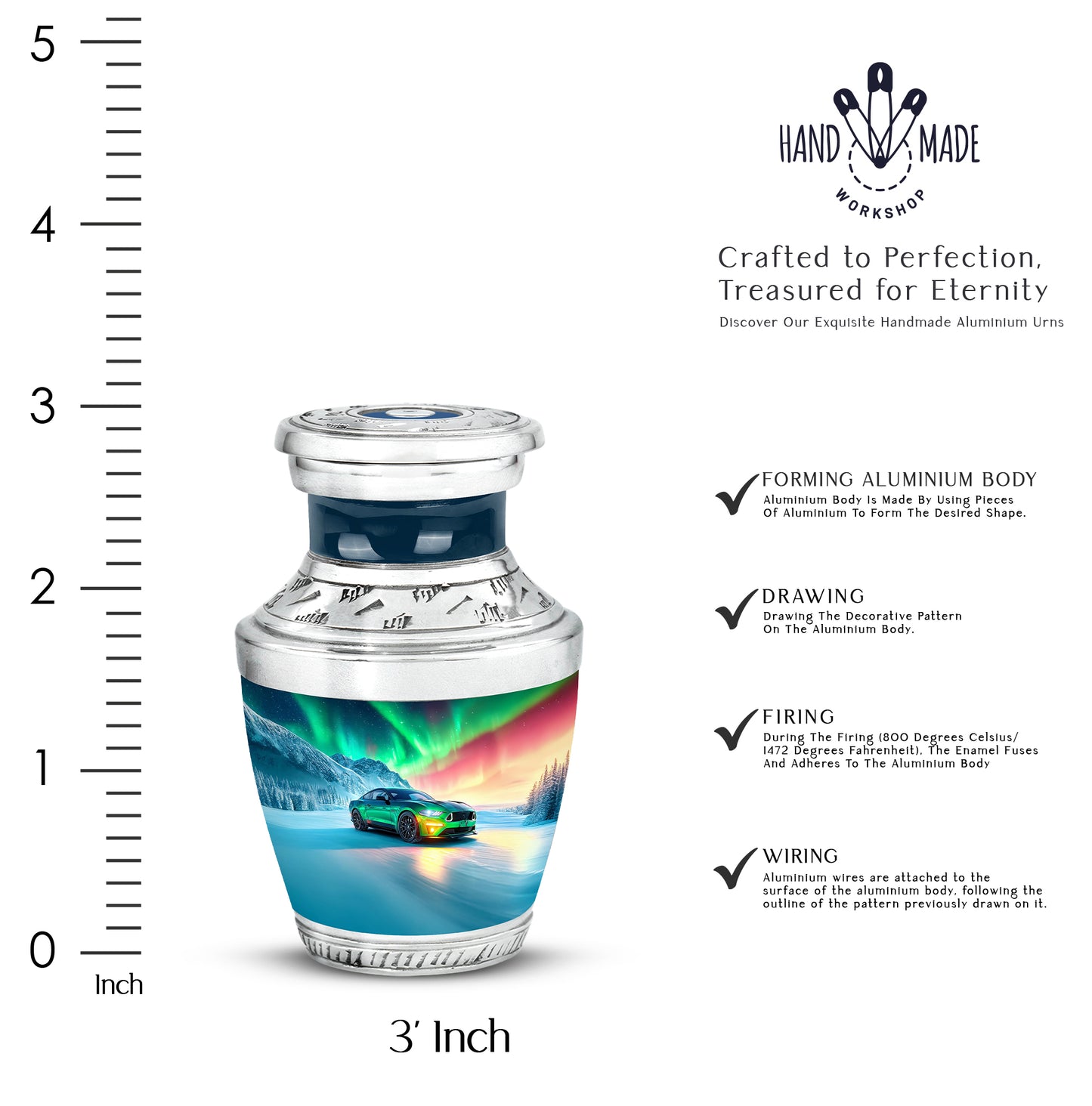 Royal Blue Car Cremation Urn top-down view of secure threaded lid - stylized abstract car pattern with bold lines - mini keepsake memorial for portion of cremation ashes