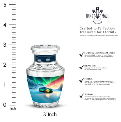 Royal Blue Car Cremation Urn top-down view of secure threaded lid - stylized abstract car pattern with bold lines - mini keepsake memorial for portion of cremation ashes
