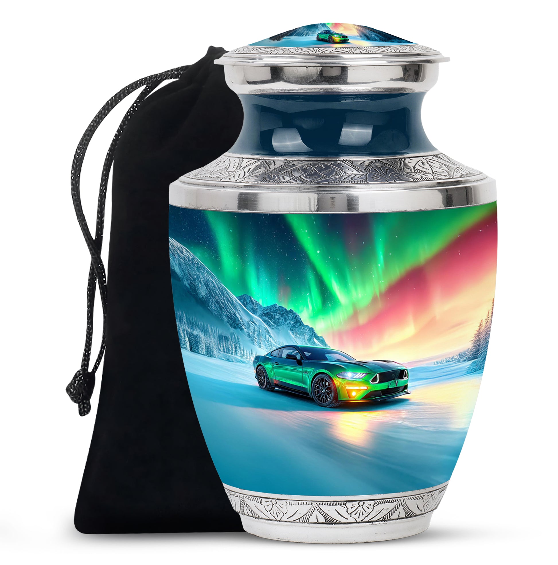 Sky Blue Car Cremation Urn side profile showing urn shape - contemporary car design with modern artistic flair - full-size 10 inch 200 cubic inch adult cremation urn