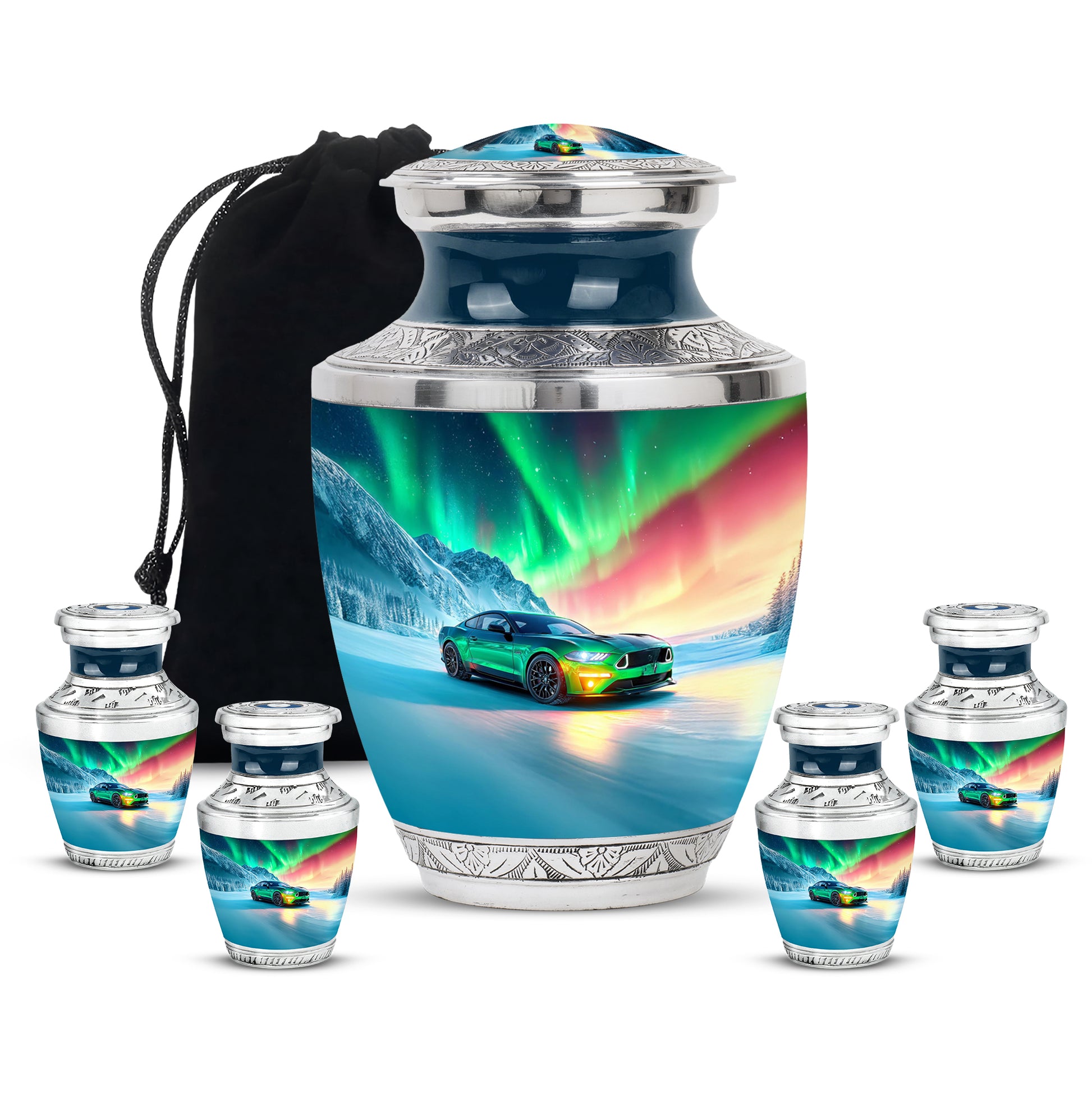 Indigo Car Cremation Urn lifestyle display on memorial shelf - modern art-inspired car motif on sleek aluminum - memorial set with one large and four small urns