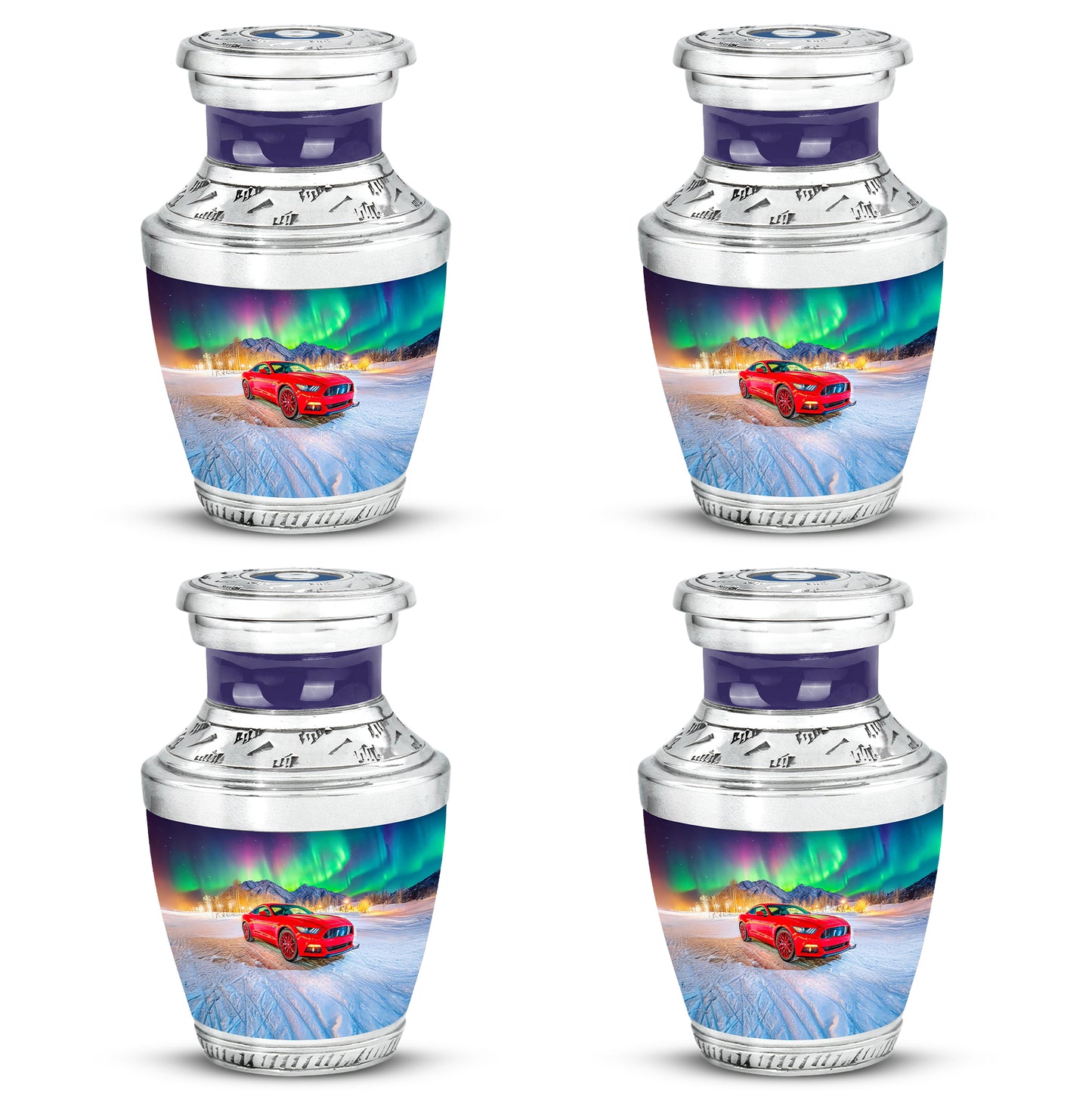 Serene Blue Car Cremation Urn back view with polished surface - stylized abstract car pattern with bold lines - 10 inch aluminum urn for cremated remains