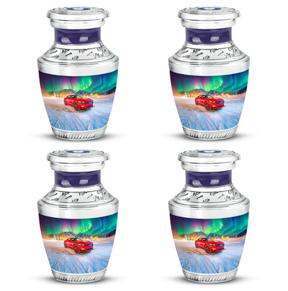 Serene Blue Car Cremation Urn back view with polished surface - stylized abstract car pattern with bold lines - 10 inch aluminum urn for cremated remains