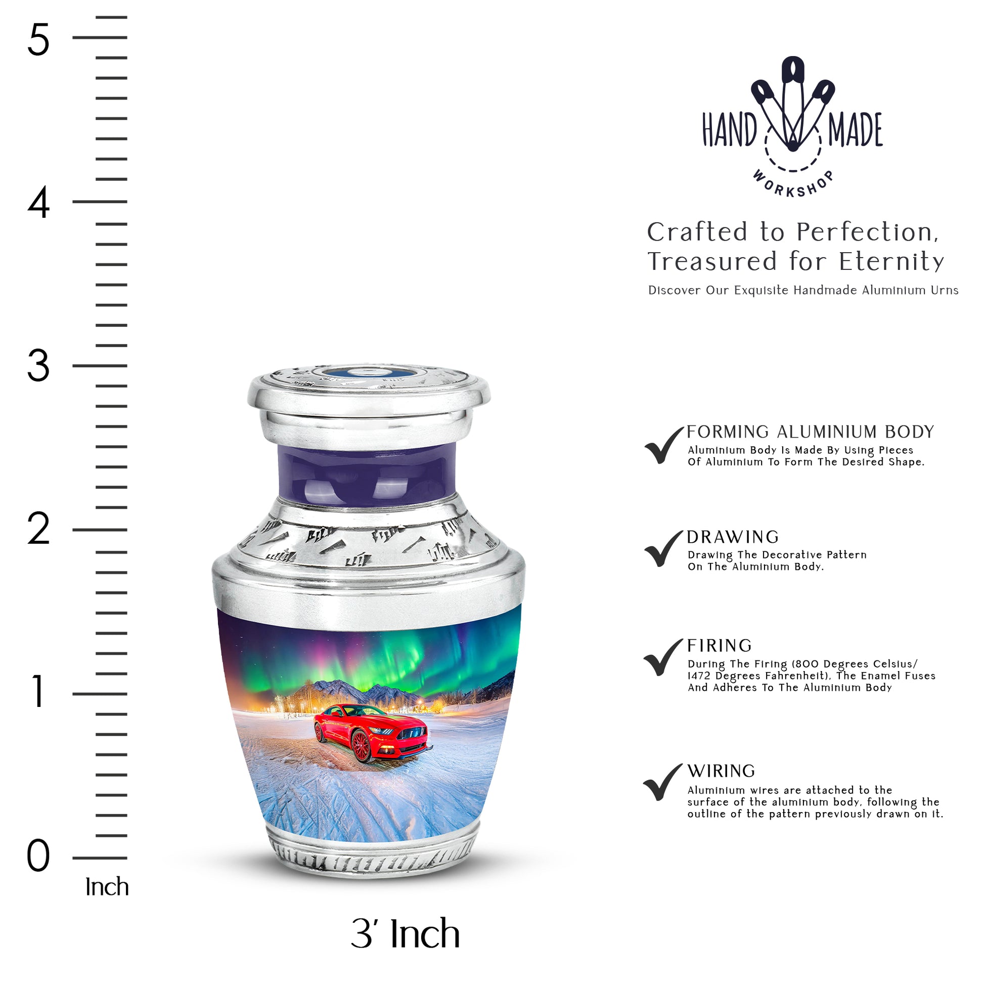 Sapphire Blue Car Cremation Urn top-down view of secure threaded lid - artistic car interpretation with creative detail - mini keepsake memorial for portion of cremation ashes