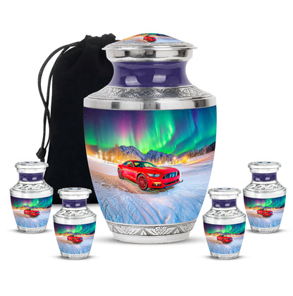 Icy Blue Car Cremation Urn lifestyle display on memorial shelf - contemporary car design with modern artistic flair - memorial set with one large and four small urns