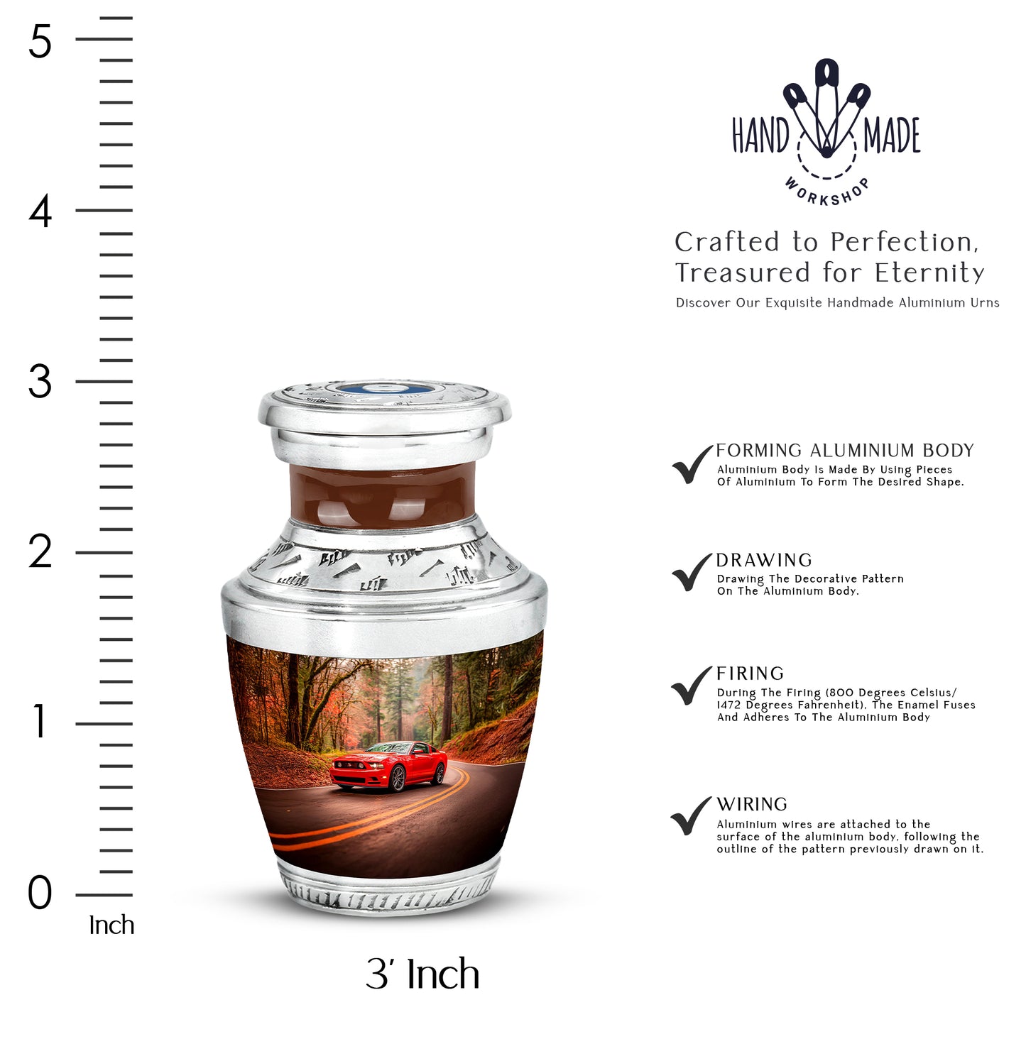 Matte Gold Car Cremation Urn top-down view of secure threaded lid - stylized abstract car pattern with bold lines - mini keepsake memorial for portion of cremation ashes
