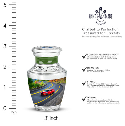Midnight Black Car Cremation Urn top-down view of secure threaded lid - stylized abstract car pattern with bold lines - mini keepsake memorial for portion of cremation ashes