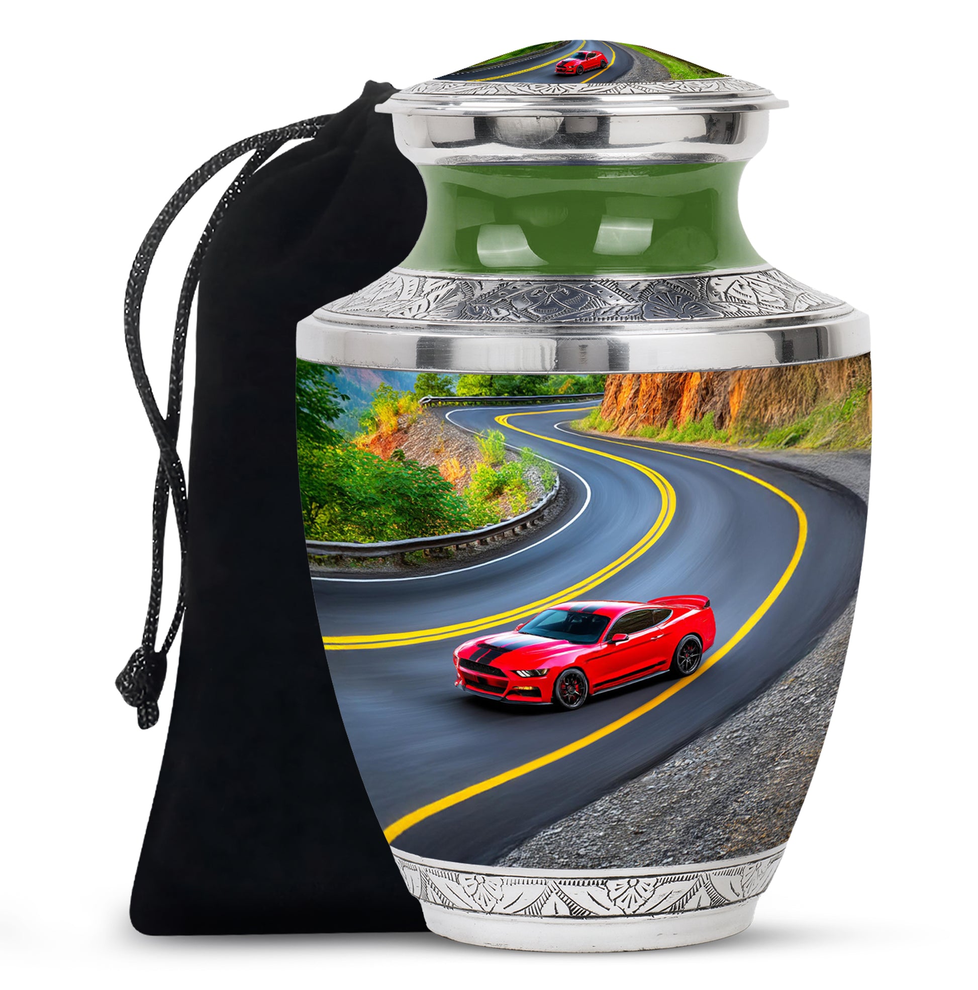 Deep Black Car Cremation Urn side profile showing urn shape - modern art-inspired car motif on sleek aluminum - full-size 10 inch 200 cubic inch adult cremation urn