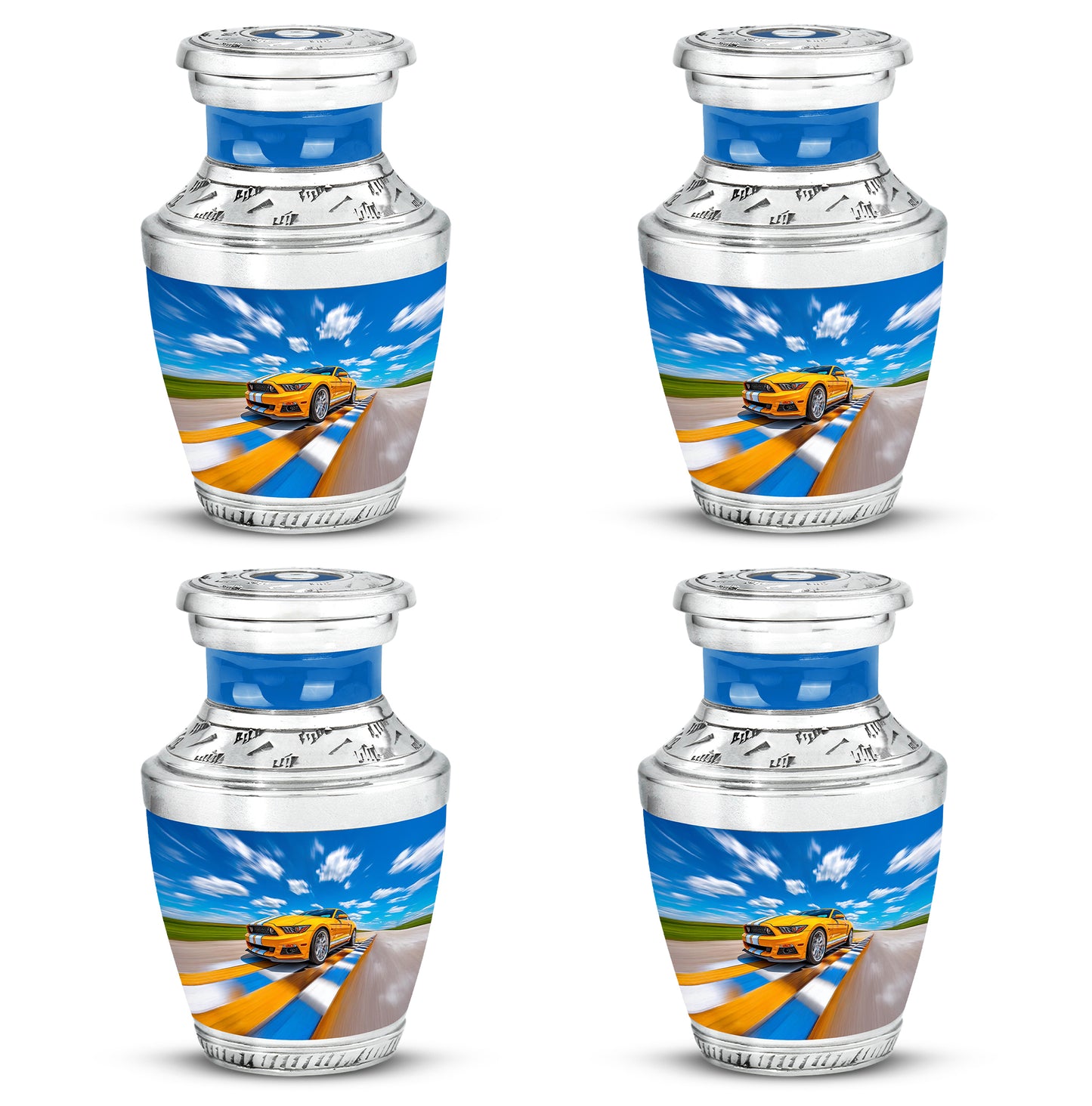 Twilight Blue Car Cremation Urn back view with polished surface - stylized abstract car pattern with bold lines - 10 inch aluminum urn for cremated remains