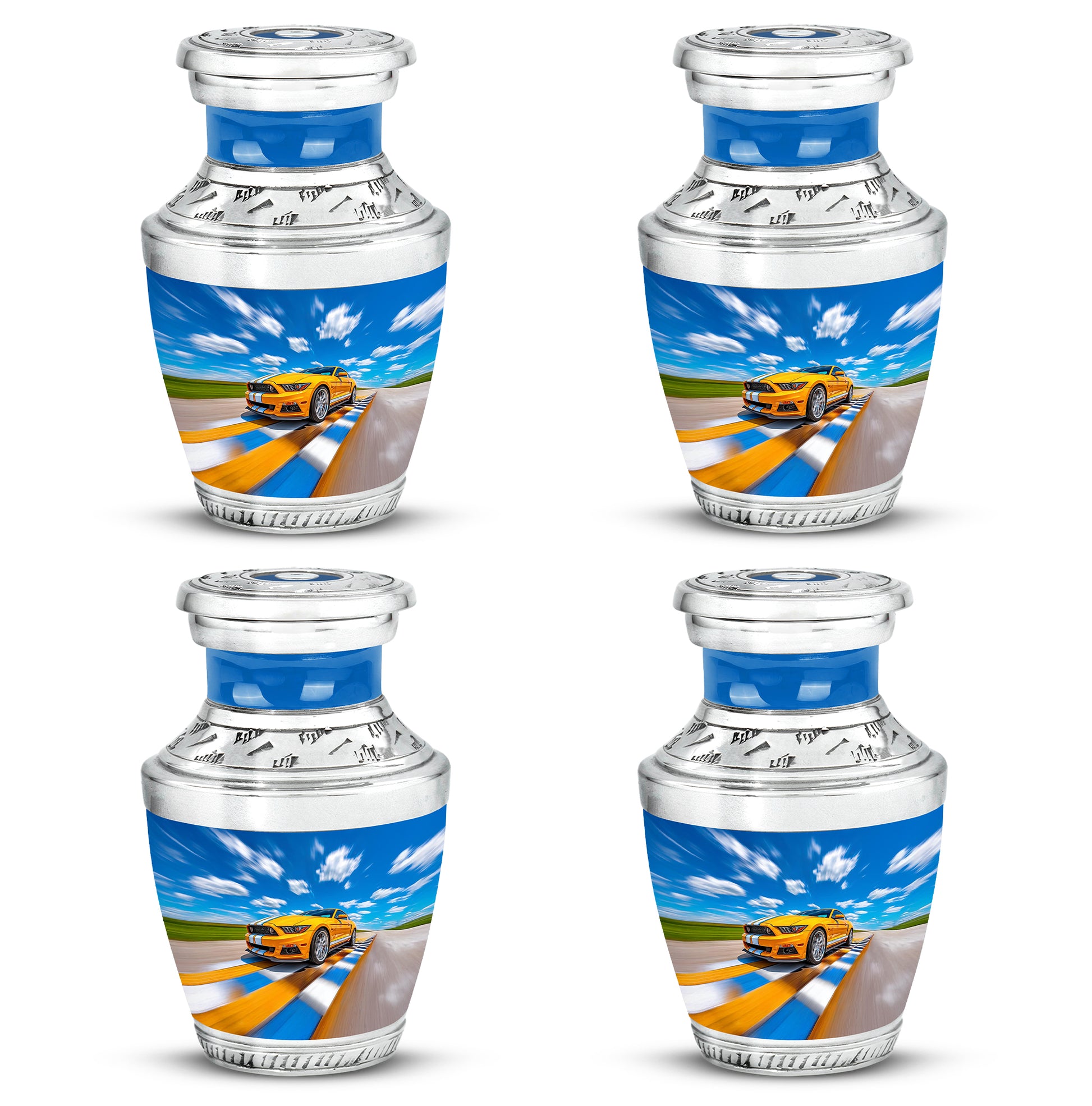 Twilight Blue Car Cremation Urn back view with polished surface - stylized abstract car pattern with bold lines - 10 inch aluminum urn for cremated remains