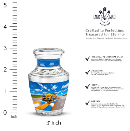 Cornflower Blue Car Cremation Urn top-down view of secure threaded lid - stylized abstract car pattern with bold lines - mini keepsake memorial for portion of cremation ashes