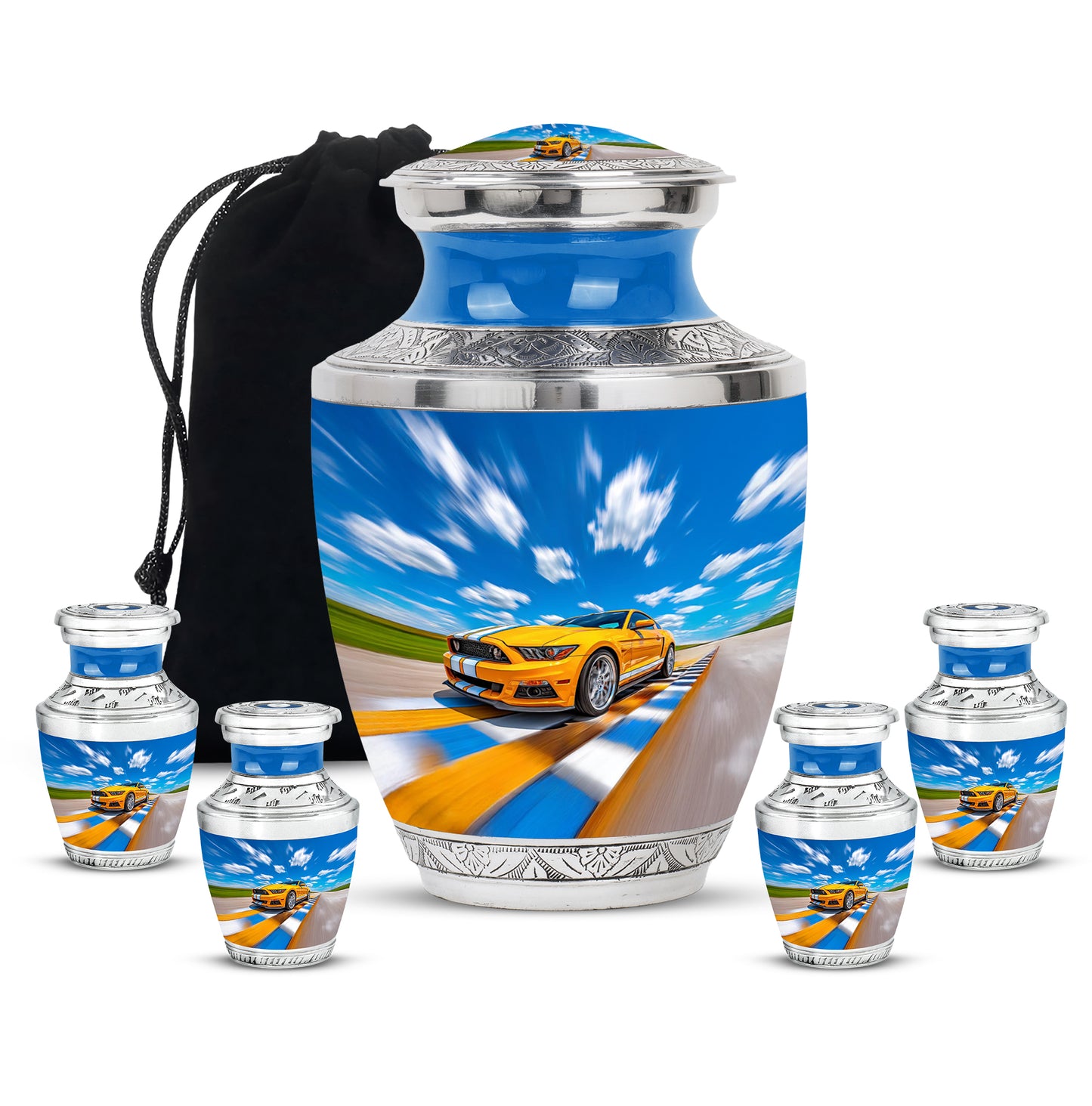 Azure Car Cremation Urn lifestyle display on memorial shelf - contemporary car design with modern artistic flair - memorial set with one large and four small urns